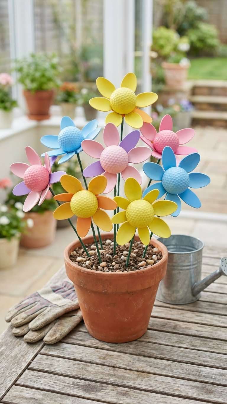Charming Golf Ball Flower Display With Colorful Painted Balls And Craft Petals, Arranged In A Rustic Terracotta Pot.