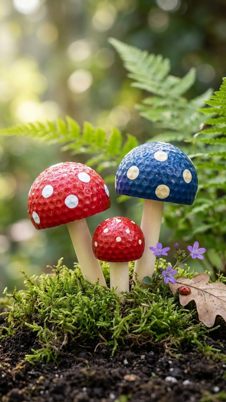 Diy Golf Ball Garden Art: 7 Easy &Amp; Unique Projects For Your Yard Charming Golf Ball Mushrooms With Red Caps And Dew Drops Nestled In A Mossy Garden Patch With Blurred Ferns.
