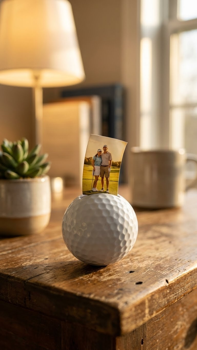 Golf Ball Crafts: 7 Unique Diy Gifts For Your Boyfriend Charming Golf Ball Photo Holder Displaying A Cherished Golf Memory, Set On A Rustic Wooden Table In Warm Golden Hour Light.