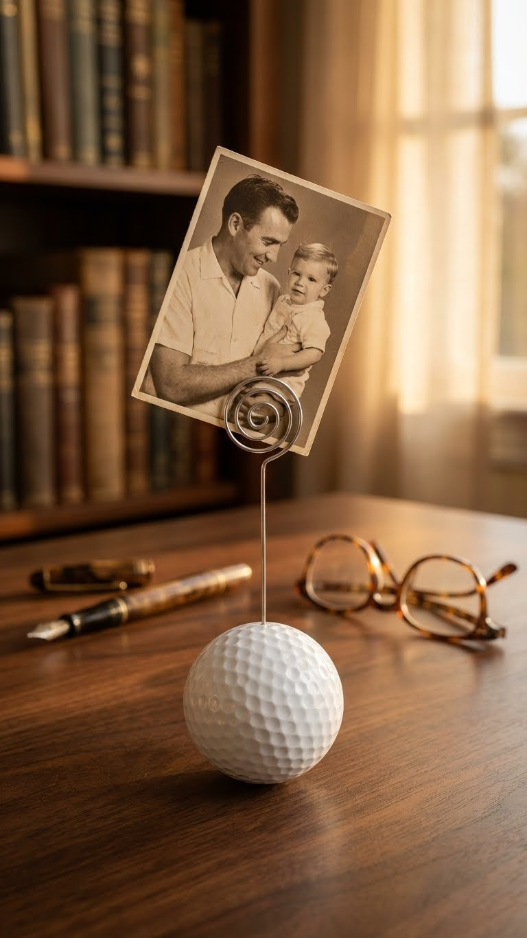 9 Proven Golf Ball Crafts For Dad: Essential Diy Gifts Charming Golf Ball Photo Holder With A Father-Child Photo On A Spiral Wire, Displayed On A Polished Dark Wood Desk.
