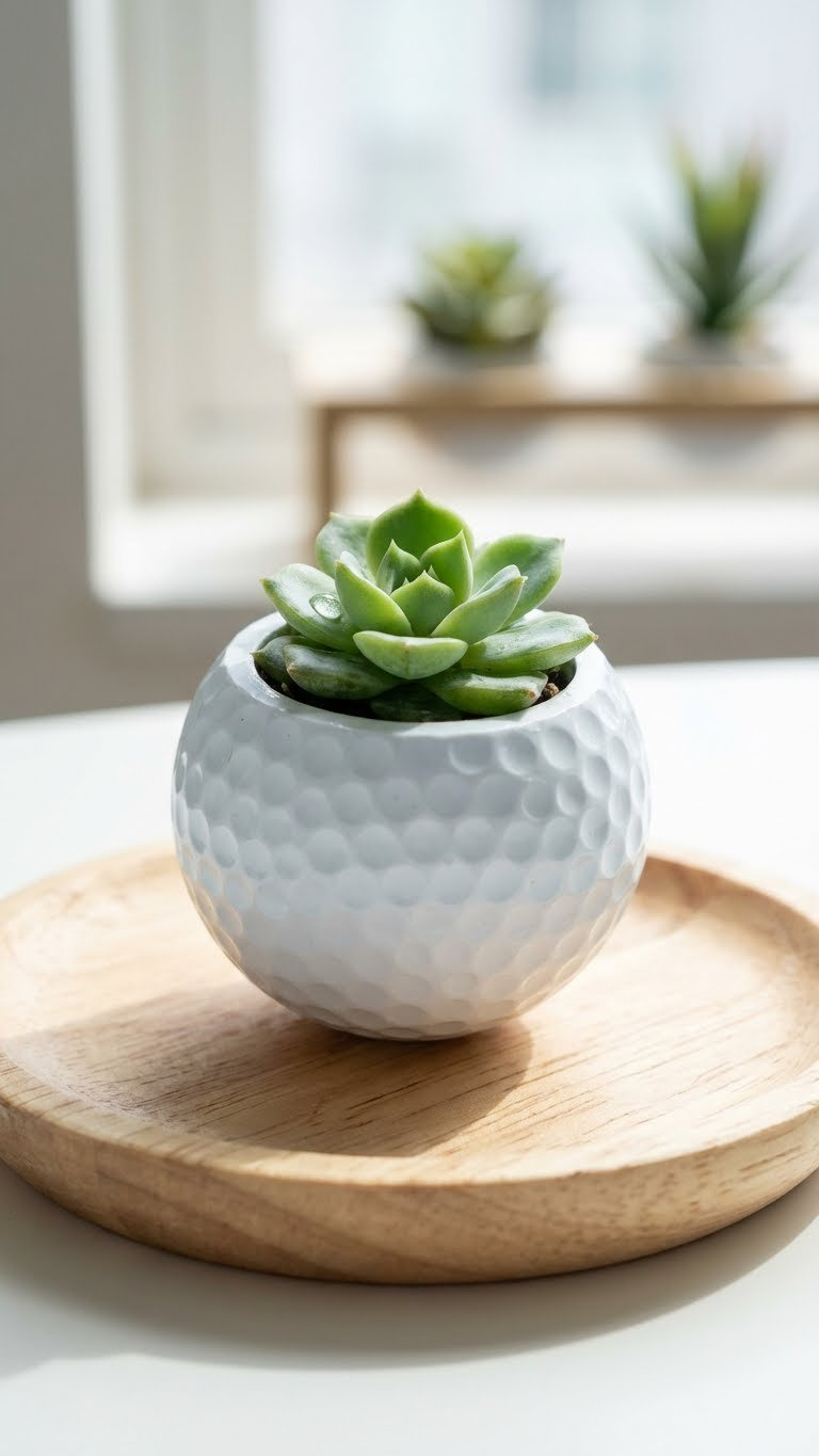 Essential Golf Ball Crafts: 13 Birthday Gifts That Impress Charming Golf Ball Planter With A Tiny Green Succulent Nestled Inside, Sits On A Wooden Coaster On A Rustic Table.