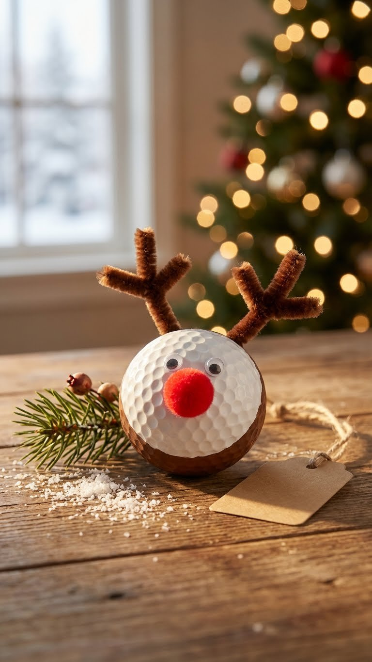 Golf Ball Christmas: 9 Genius Diy Ornament Ideas Charming Golf Ball Reindeer Ornament With Pipe Cleaner Antlers And A Red Pom-Pom Nose On Rustic Wood With Subtle Winter Decor.
