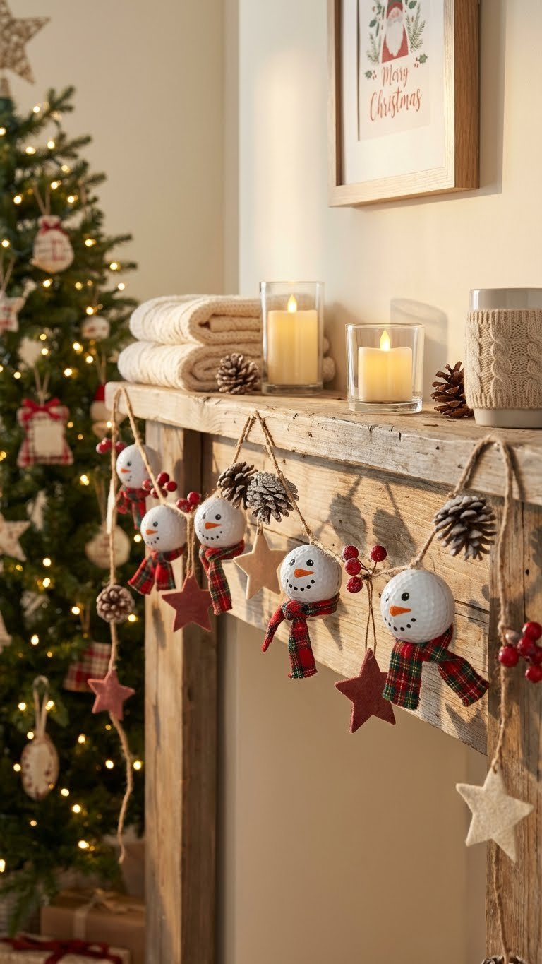 11 Easy Golf Ball Snowman Crafts For Stunning Holiday Decor Charming Golf Ball Snowman Garland With Pinecones And Red Berries Draped Across A Rustic Wooden Mantelpiece, Festive Holiday Decor.