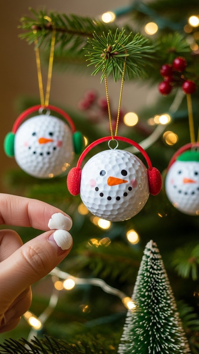 Charming Golf Ball Snowman Ornaments With Carrot Noses And Scarves Hang From A Festive Evergreen Branch With Twinkling Holiday Lights.