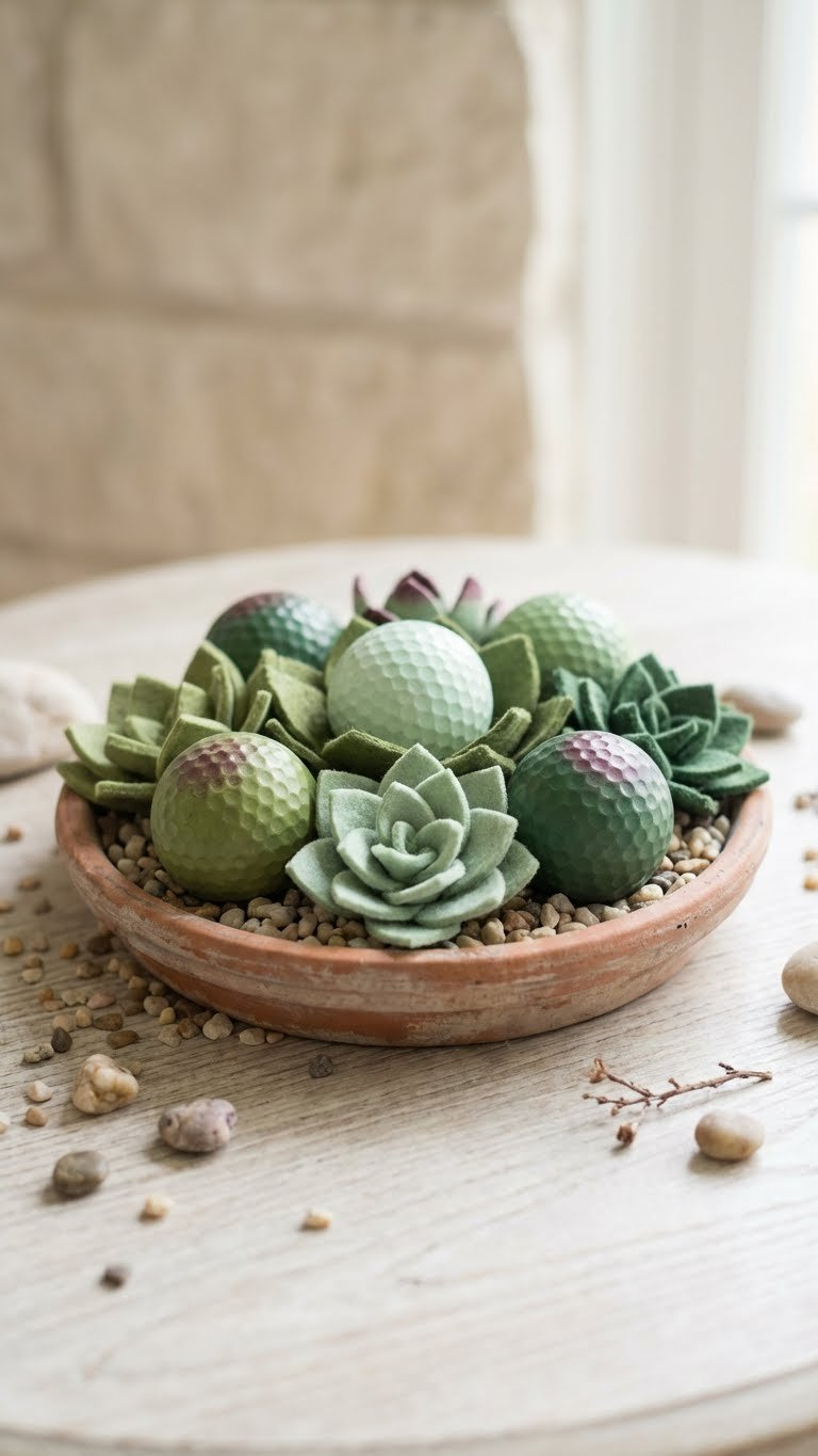 Charming Golf Ball Succulents In Green Hues With Subtle Red Tips, Arranged In A Terracotta Pot On Pebbles, Under Bright, Diffused Daylight.