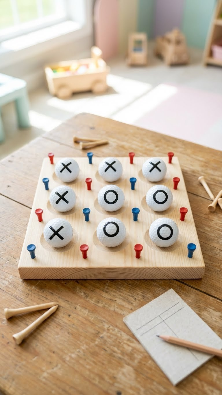 Charming Golf Ball Tic-Tac-Toe Game Board With X'S And O'S On A Wooden Table In A Blurred Indoor Play Area.