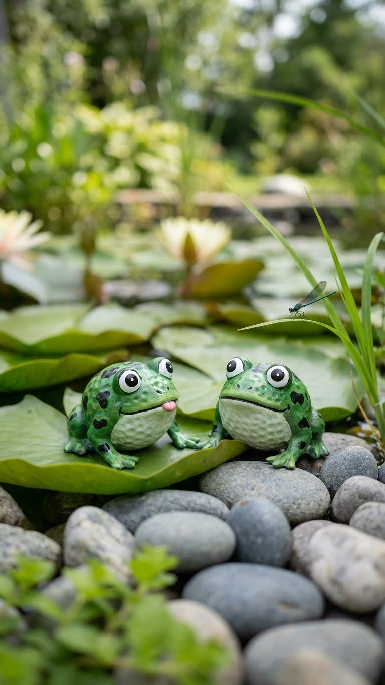 Diy Golf Ball Garden Art: 7 Easy &Amp; Unique Projects For Your Yard Charming Green Golf Ball Frogs With Painted Eyes Sit On Lily Pads And River Stones Near A Blurred Garden Pond.