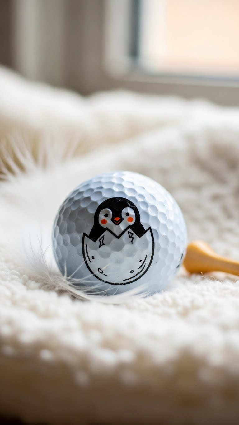 Charming Hatching Penguin Sharpie Design Golf Ball Emerging From Cracked Eggshell On Nest Texture