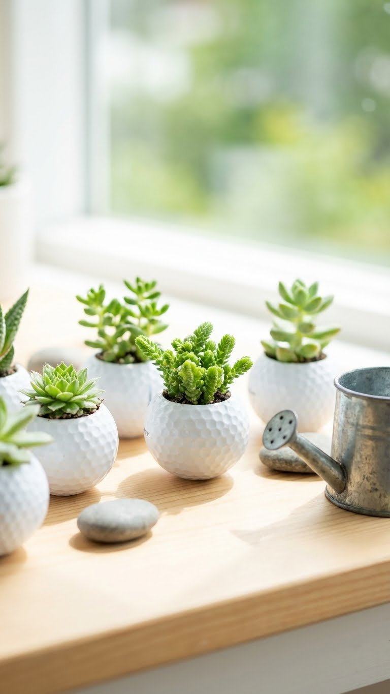 Golf Ball Crafts Valentines: 7 Sweet Diy Gift Ideas Charming Miniature Golf Ball Succulent Planters, Each Cradling A Vibrant Plant, Arranged On A Sunny Windowsill With Soft Daylight.
