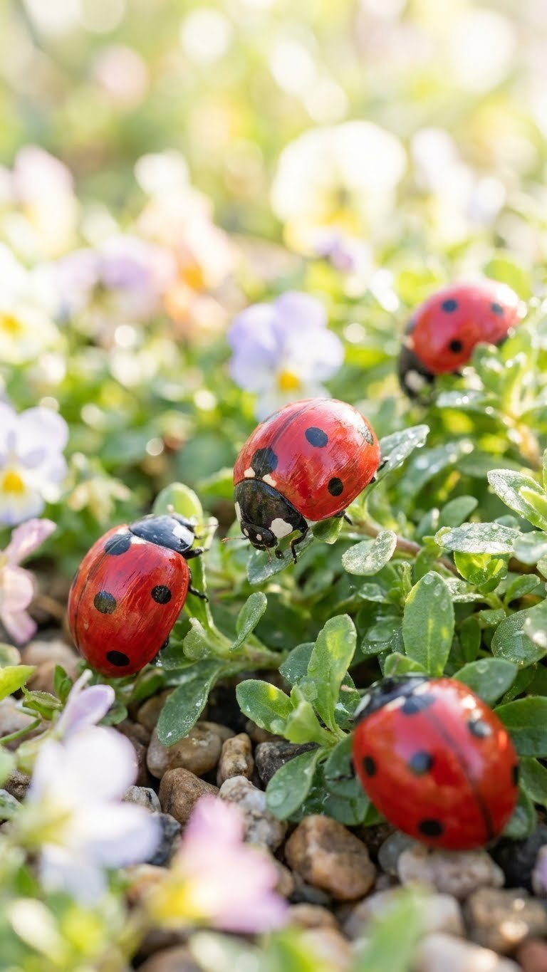 Charming Painted Golf Ball Ladybugs With Red Shells And Black Spots Nestled Among Lush Green Leaves And Colorful Garden Flowers.