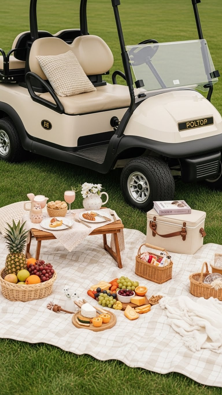 Charming Picnic Setup Around Golf Cart With Gourmet Food Spread On Checkered Blanket
