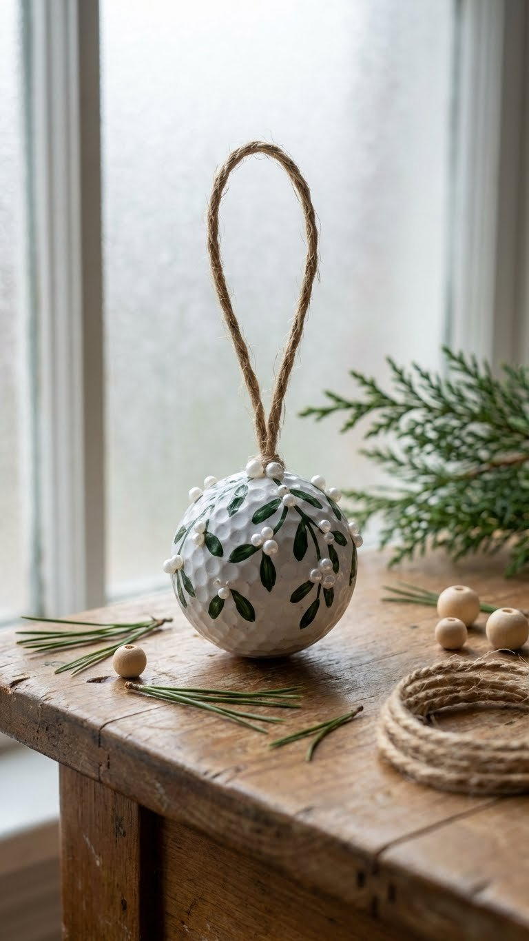 Golf Ball Christmas: 9 Genius Diy Ornament Ideas Charming Rustic Golf Ball Mistletoe Ornament With Pearl Berries And Twine On A Wooden Table, Against Blurred Winter Foliage.