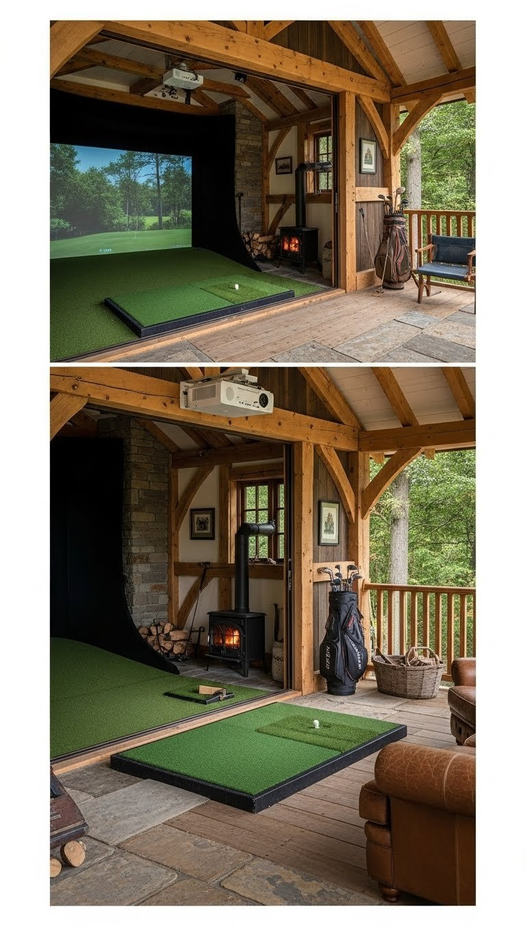9 Essential Outdoor Golf Simulator Room Designs Charming Rustic Timber Frame Golf Simulator With Exposed Beams, Natural Stone Accents, And A Cozy Interior.