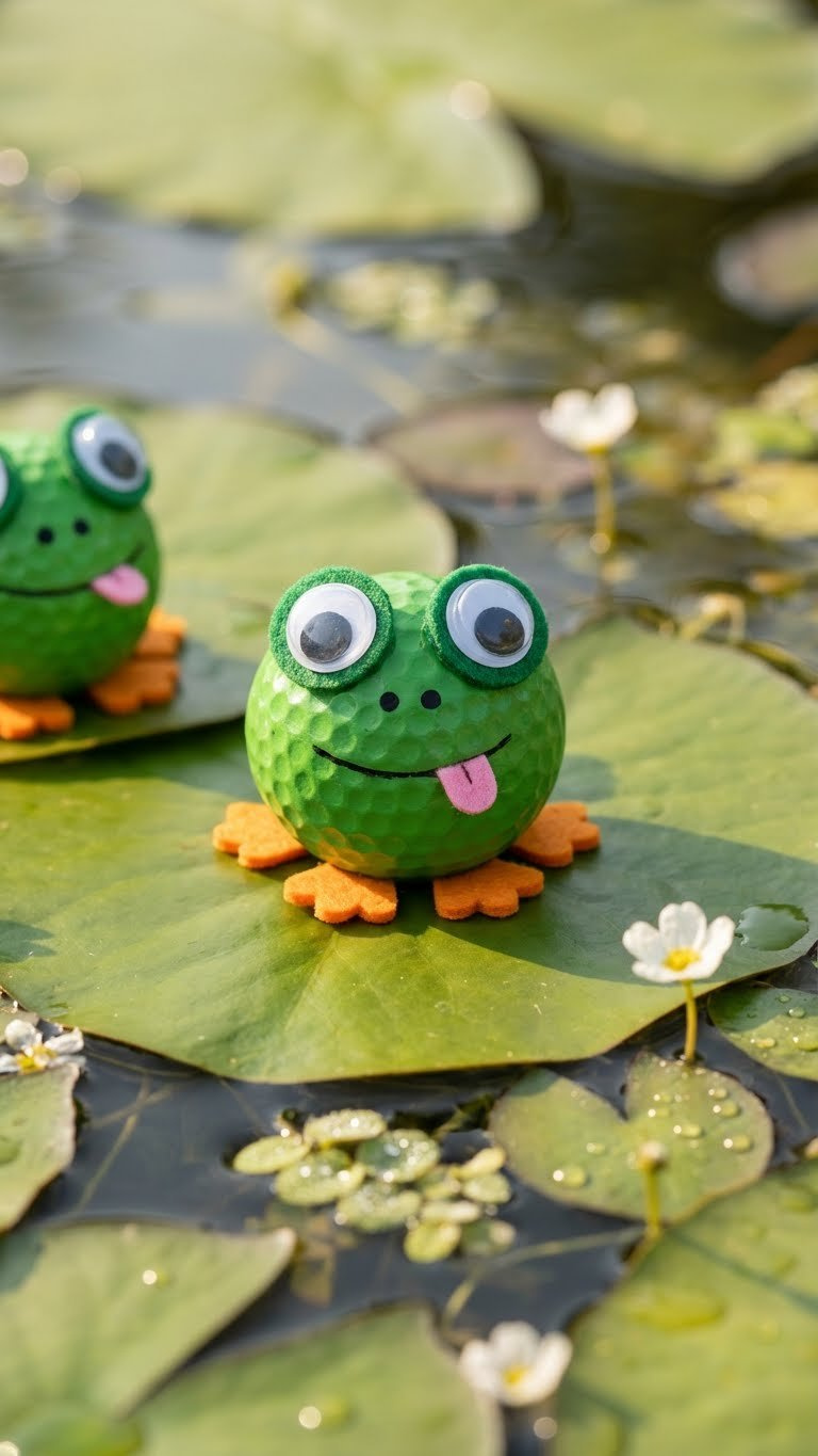 13 Golf Ball Crafts For Kids: Simple Diy Art &Amp; Play Charming Vibrant Green Golf Ball Frogs With Googly Eyes Perch Playfully On Lily Pads In A Serene Water Garden Setting.