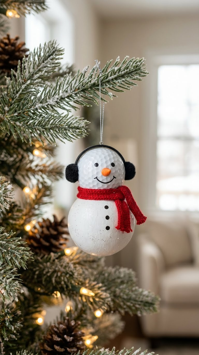 13 Golf Ball Crafts For Kids: Simple Diy Art &Amp; Play Charming White Golf Ball Snowman Ornaments With Scarves And Earmuffs Hang From A Frosted Evergreen Branch, Against Warm Fairy Lights.