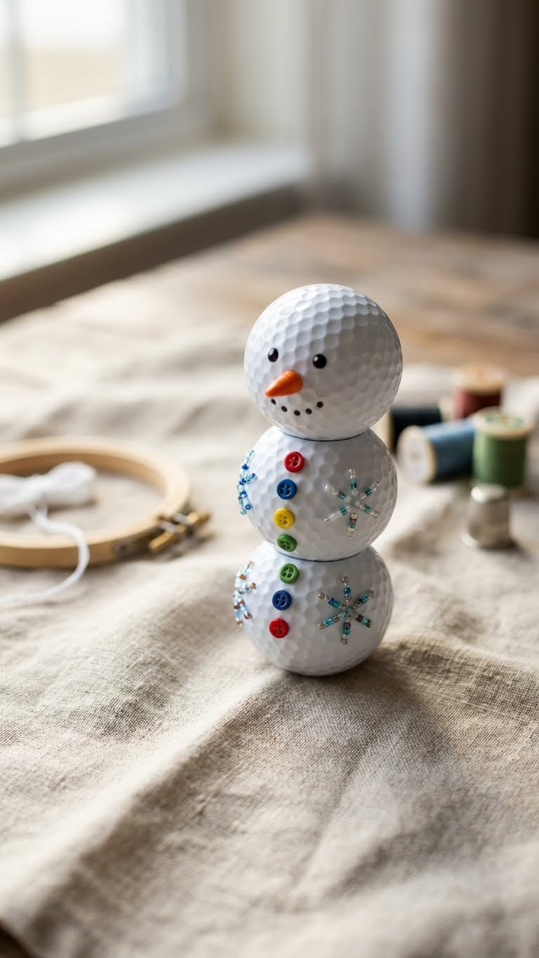 11 Easy Golf Ball Snowman Crafts For Stunning Holiday Decor Charming White Golf Ball Snowman With Colorful Buttons And Seed Bead Accents Sits On Soft Natural Linen Fabric With Rustic Background.