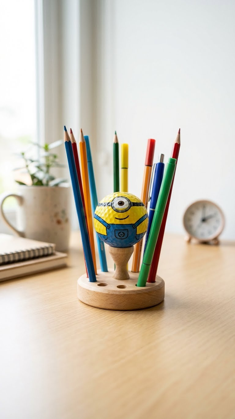 Minion Golf Ball Crafts: 11 Unique Diy Ideas &Amp; Designs Cheerful Minion Golf Ball Pencil Holder Displaying Colorful Pencils And Pens On A Minimalist Desk, Perfect For A Fun And Organized Workspace.