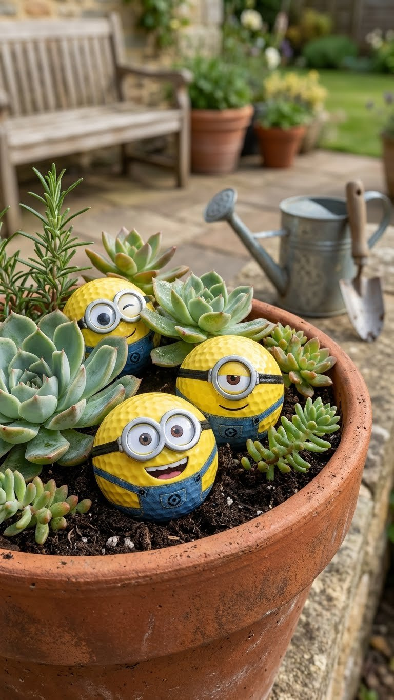 Minion Golf Ball Crafts: 11 Unique Diy Ideas &Amp; Designs Cheerful Minion Golf Ball Planter Accents Peeking Playfully From A Terracotta Pot Filled With Lush Green Succulents On A Brightly Lit Windowsill.