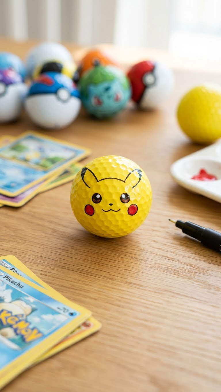 Golf Ball Crafts Pokemon: 7 Easy Diy Ideas For Kids &Amp; Fans Cheerful Pikachu Golf Ball, Yellow With Red Cheeks And Black Ears, Custom Painted On A Wooden Table With A Paint Pen.