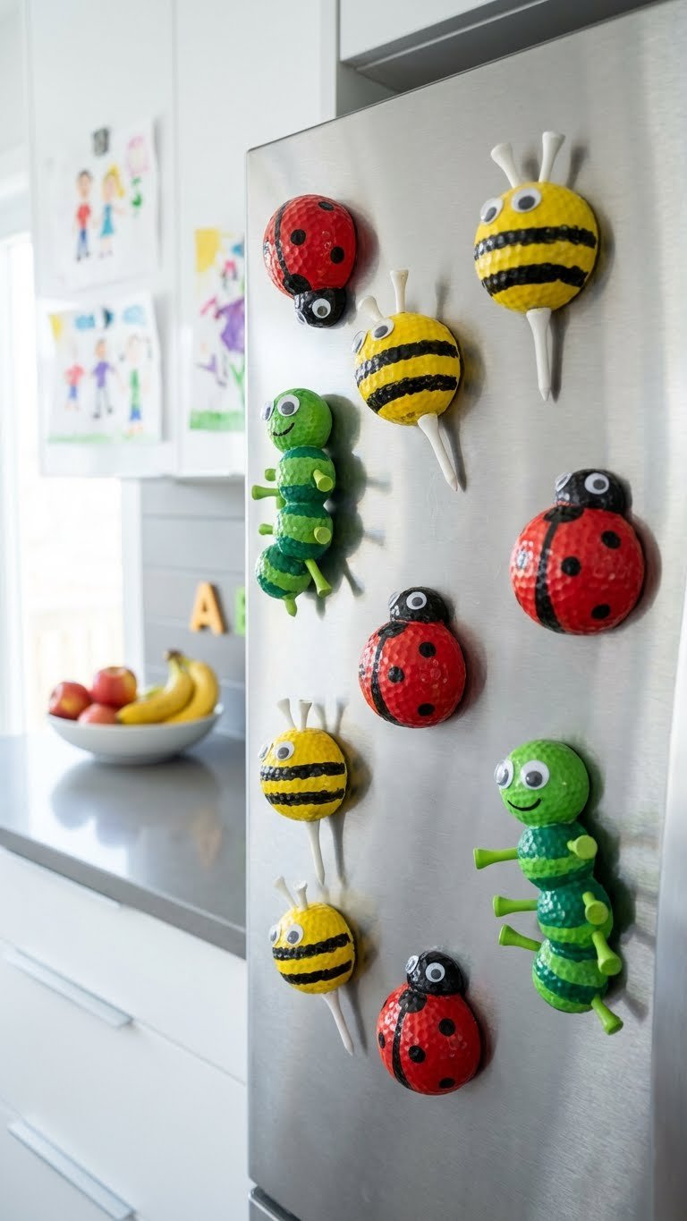Cheerful Golf Ball Bug Magnets With Googly Eyes And Golf Tee Antennae On A Stainless Steel Refrigerator Door With Drawings.