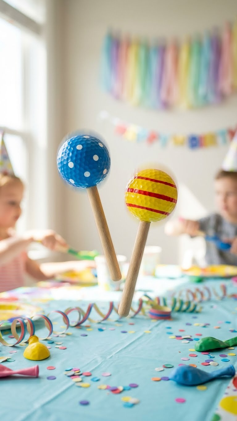 Essential Golf Ball Crafts: 13 Birthday Gifts That Impress Cheerful Golf Ball Maracas, Brightly Painted Blue And Yellow, Shake With Colorful Confetti In A Vibrant Party Setting.