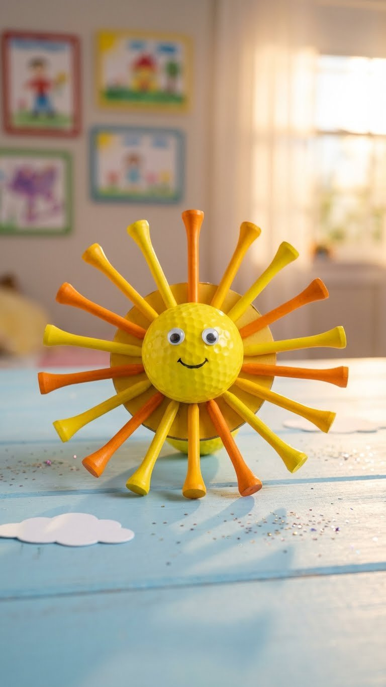 Cheerful Golf Tee Sun Craft With A Golf Ball Face And Radiating Yellow-Orange Tees On A Blue Surface In A Child'S Room.