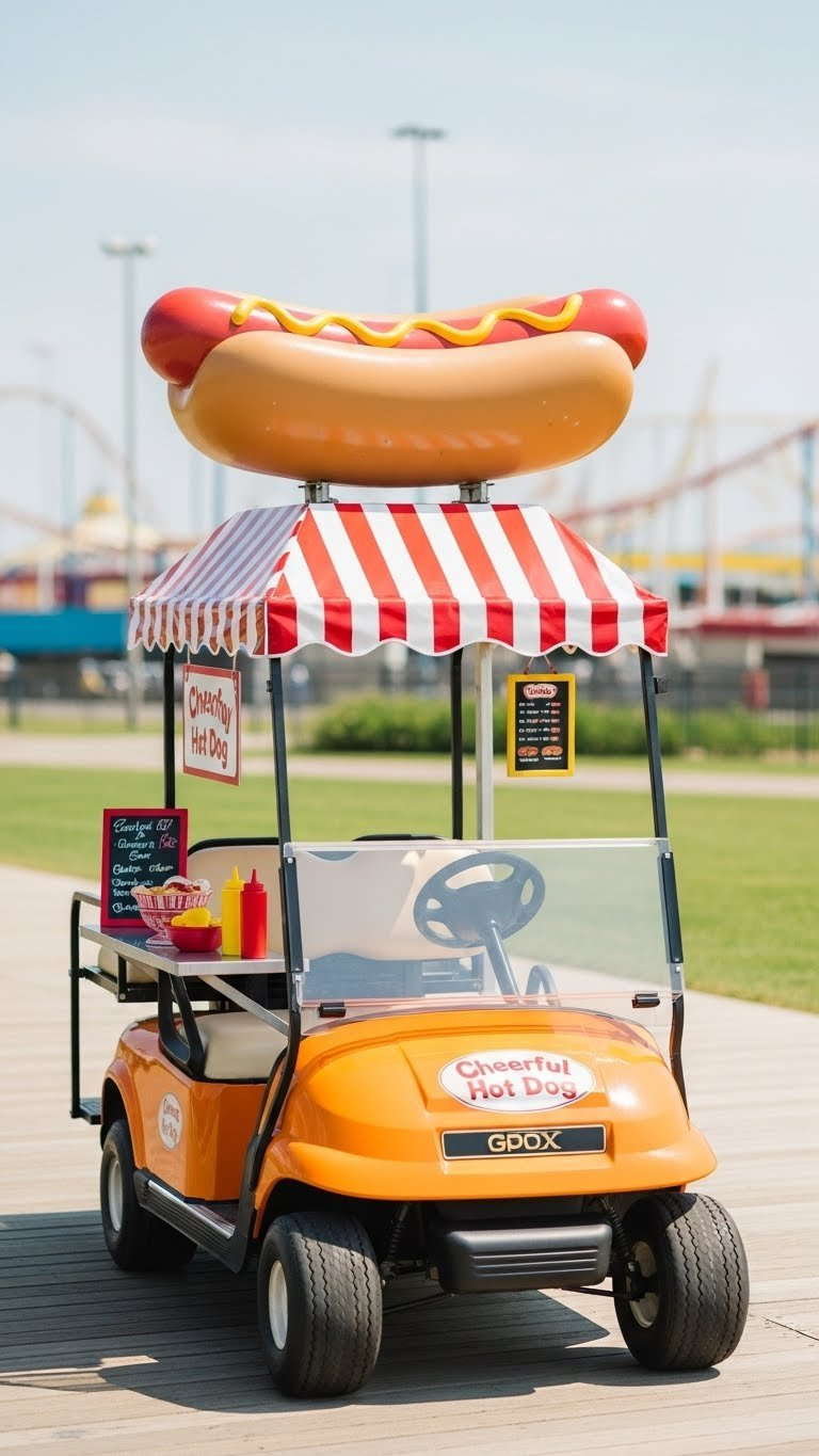 Cheerful Hot Dog Stand Golf Cart With Red And White Striped Canopy And Oversized Hot Dog Prop On Classic Boardwalk