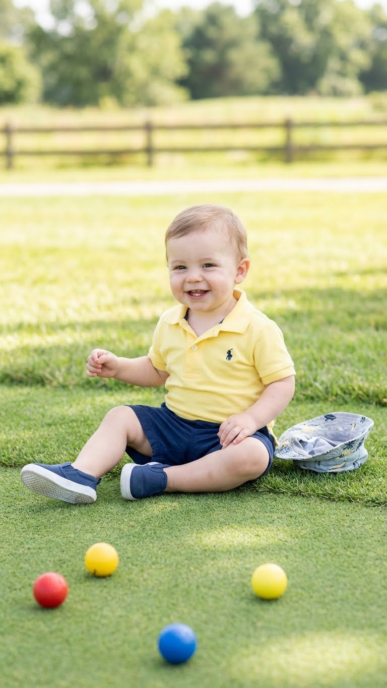 Cheerful Toddler In Bright Primary Color Golf Polo &Amp; Shorts, Soft Hat, Sitting On A Putting Green With Golf Balls.