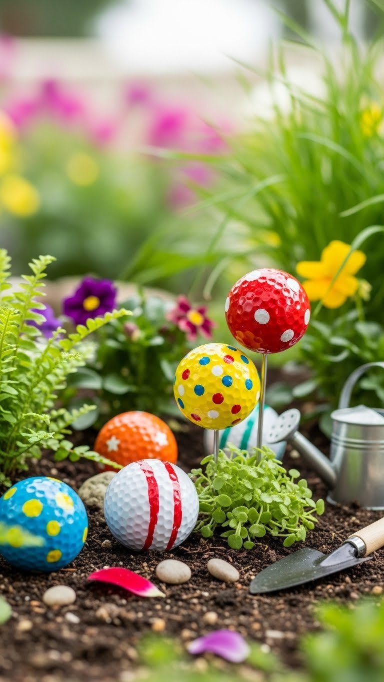 Cheerful Toddler-Made Golf Ball Garden Decor, Brightly Painted With Dots And Stripes, Nestled Among Green Plants And Colorful Flowers.