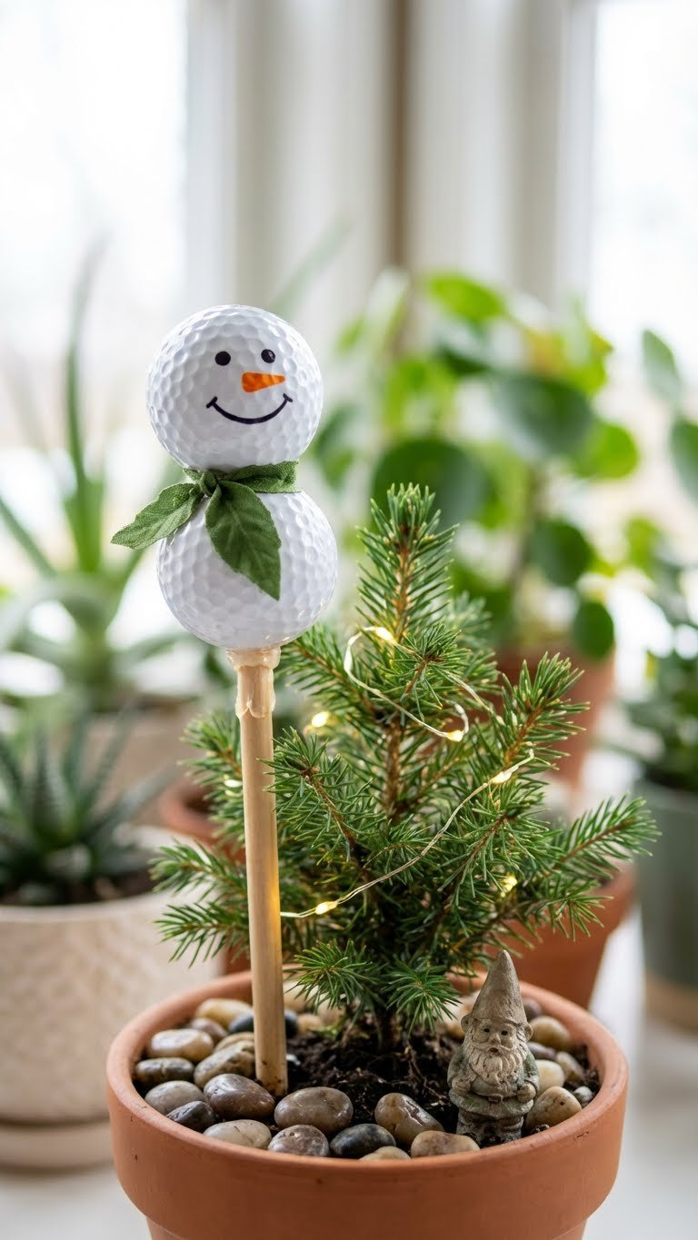 11 Easy Golf Ball Snowman Crafts For Stunning Holiday Decor Cheerful White Golf Ball Snowman Planter Pick With A Green Leaf Scarf, Inserted Into A Small Potted Evergreen Plant.