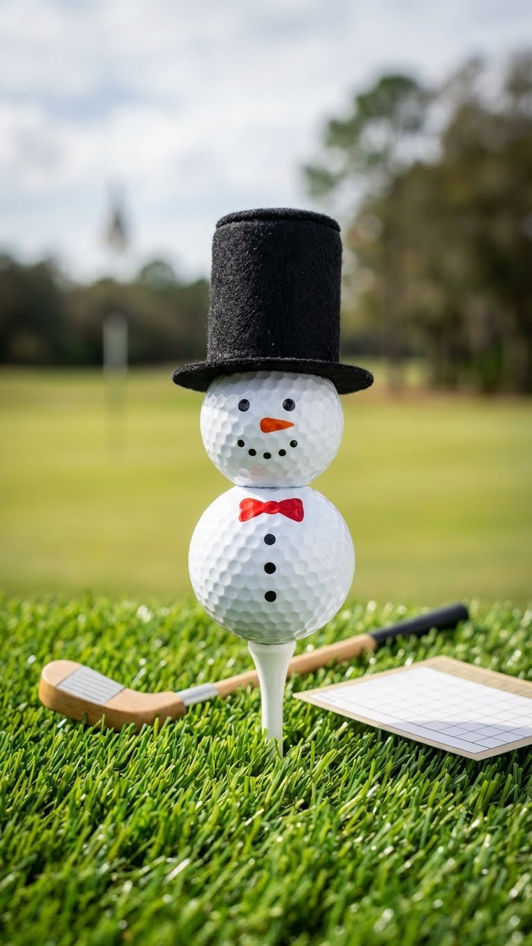 11 Easy Golf Ball Snowman Crafts For Stunning Holiday Decor Cheerful White Golf Ball Snowman With A Black Top Hat And Red Bow Tie, Perched On A Golf Tee In Green Artificial Grass.