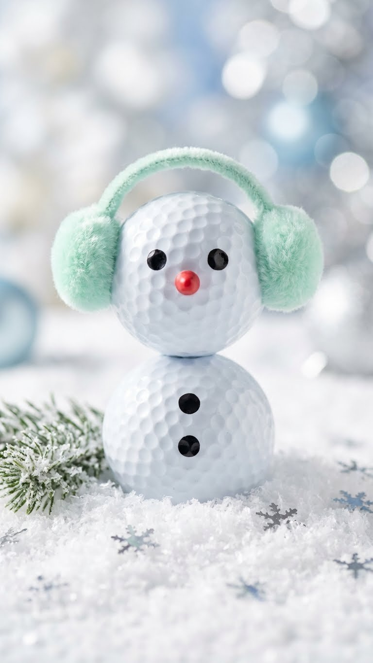11 Easy Golf Ball Snowman Crafts For Stunning Holiday Decor Cheerful White Golf Ball Snowman With Button Eyes, Red Nose, And Mint Green Fuzzy Earmuffs On Artificial Snow In A Winter Wonderland.