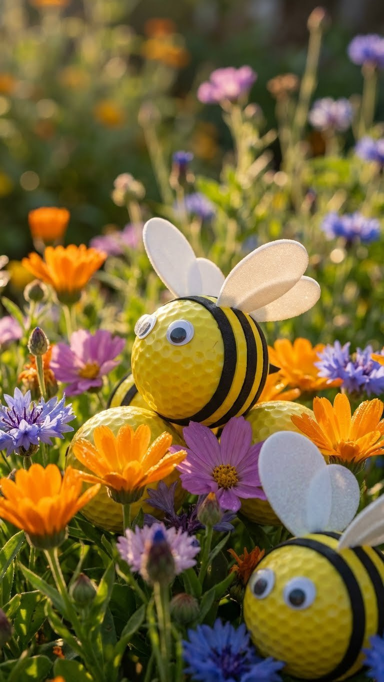 13 Golf Ball Crafts For Kids: Simple Diy Art &Amp; Play Cheerful Yellow And Black Golf Ball Bees With Googly Eyes And Wings Nestle Among Colorful Flowers In A Sunny Garden Bed.