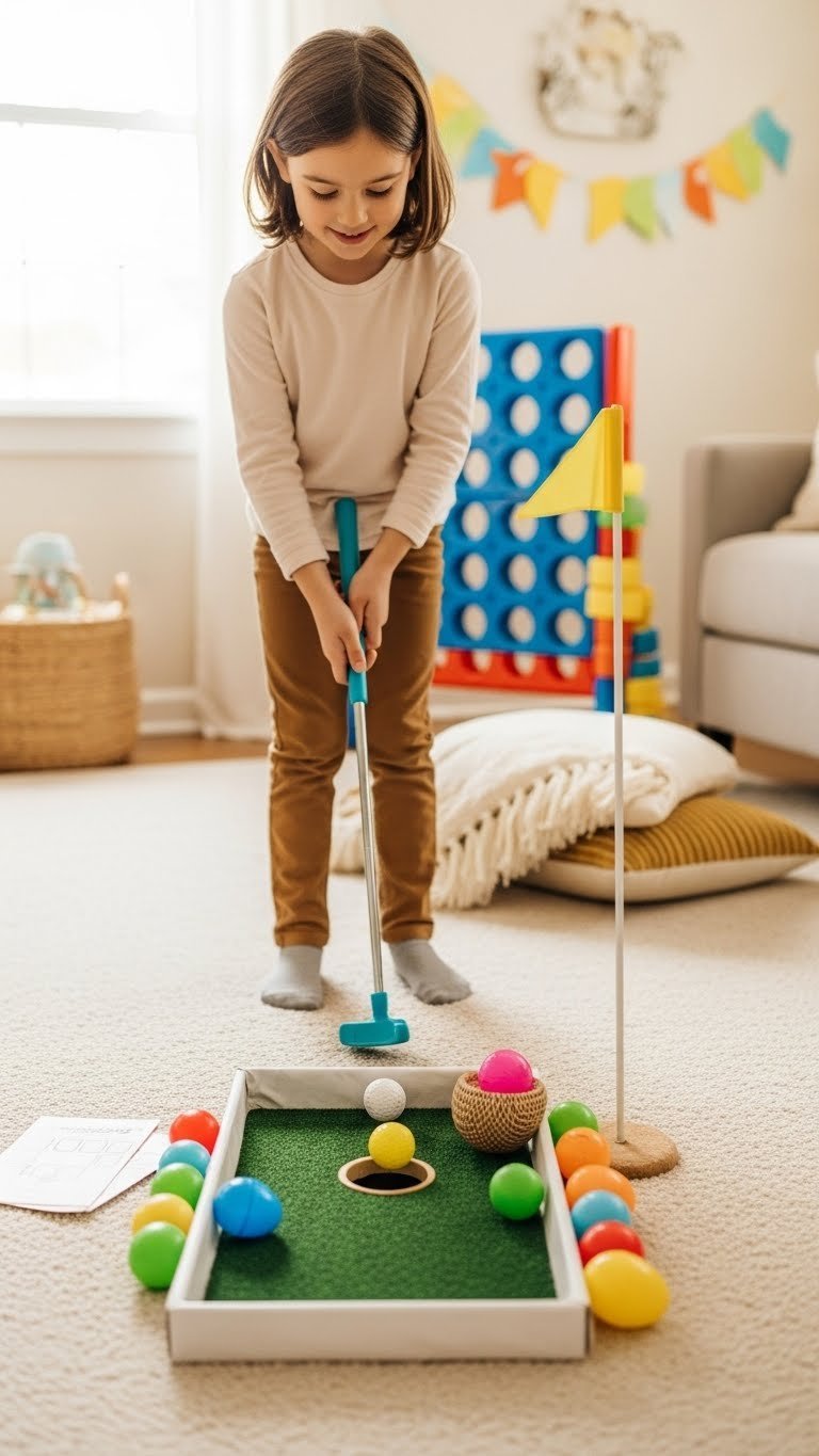 Child Tapping Golf Ball With Putter Toward Mini-Golf Hole Made From Household Items Decorated With Colorful Easter Eggs