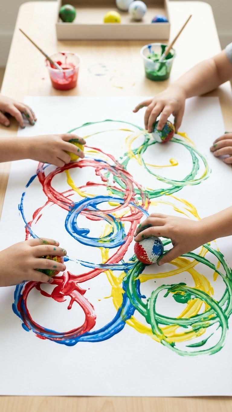 13 Golf Ball Crafts For Kids: Simple Diy Art &Amp; Play Children'S Hands Roll Vibrant Paint-Covered Golf Balls On White Paper, Creating Colorful Abstract Art Patterns On A Craft Table.