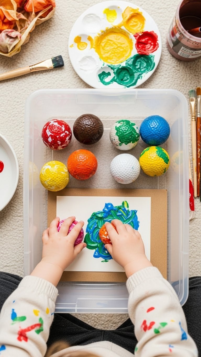 Child'S Hands Painting Golf Balls With Chunky Paint In Clear Plastic Sensory Bin With Art Brushes Nearby