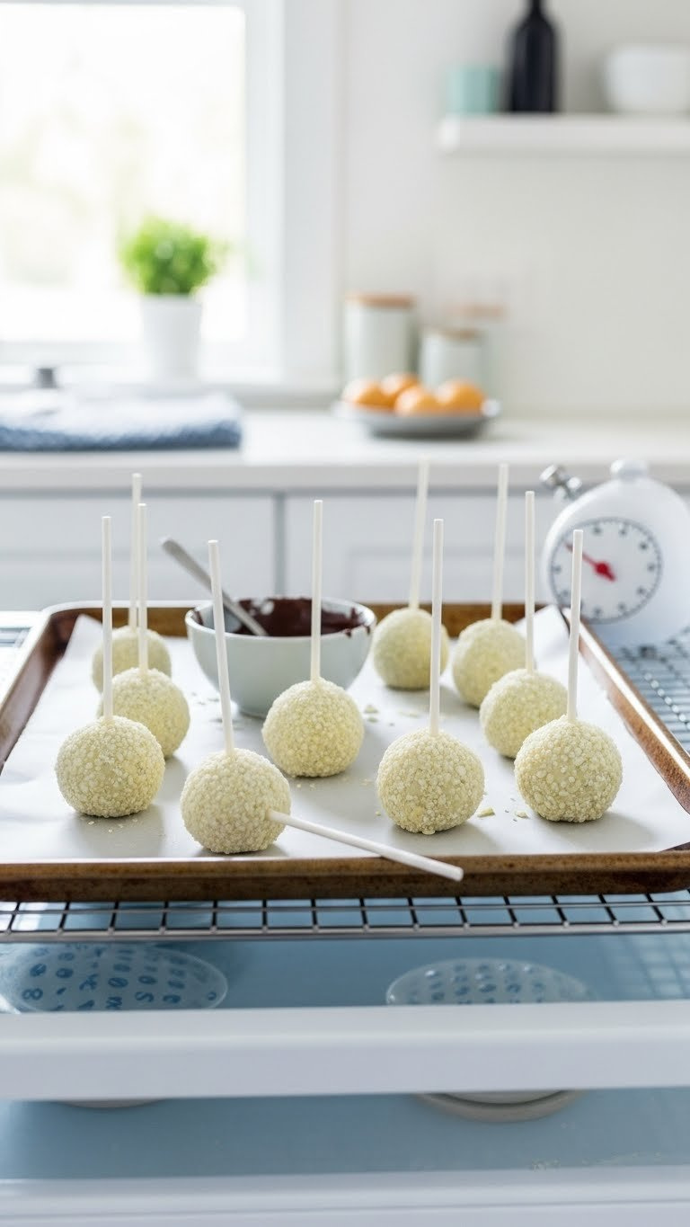 Chilled Golf Ball Cake Pops With Lollipop Sticks Arranged On Parchment-Lined Baking Sheet In Refrigerator