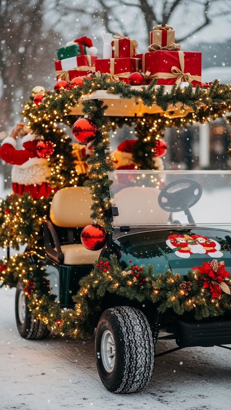 Christmas Parade Golf Cart With Evergreen Garlands, Oversized Ornaments, And Warm White Led Lights In Winter Wonderland Setting