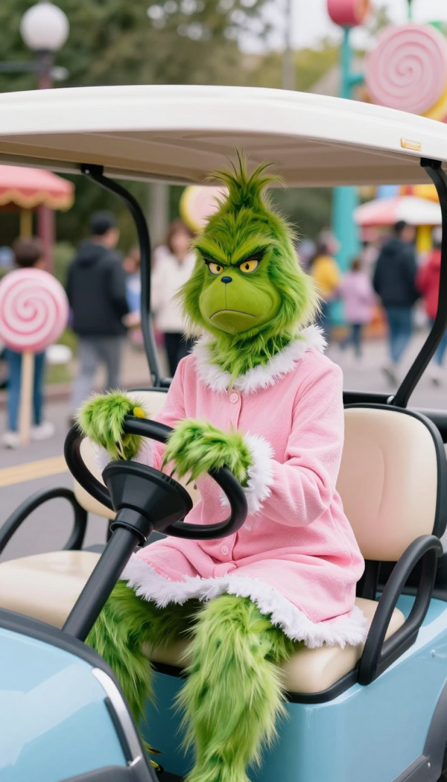 Cindy Lou Who Character In Pink Nightgown Sitting In Passenger Seat Of Grinch Golf Cart During Whimsical Parade Festivities.