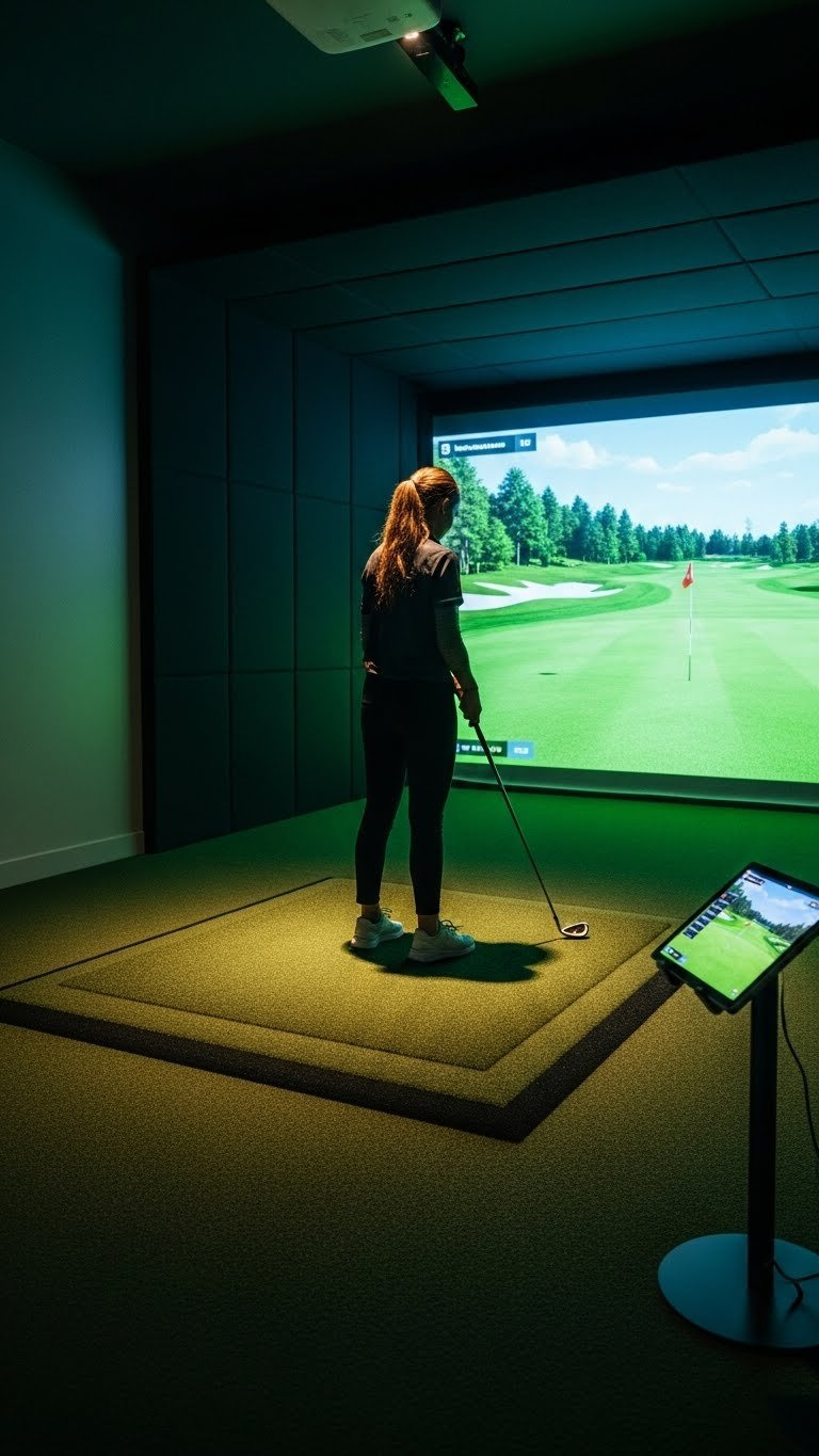 Cinematic Golf Simulator Room With Near-Black Walls, Bright Projection Screen, Trackman Launch Monitor, And Modern Tablet Display