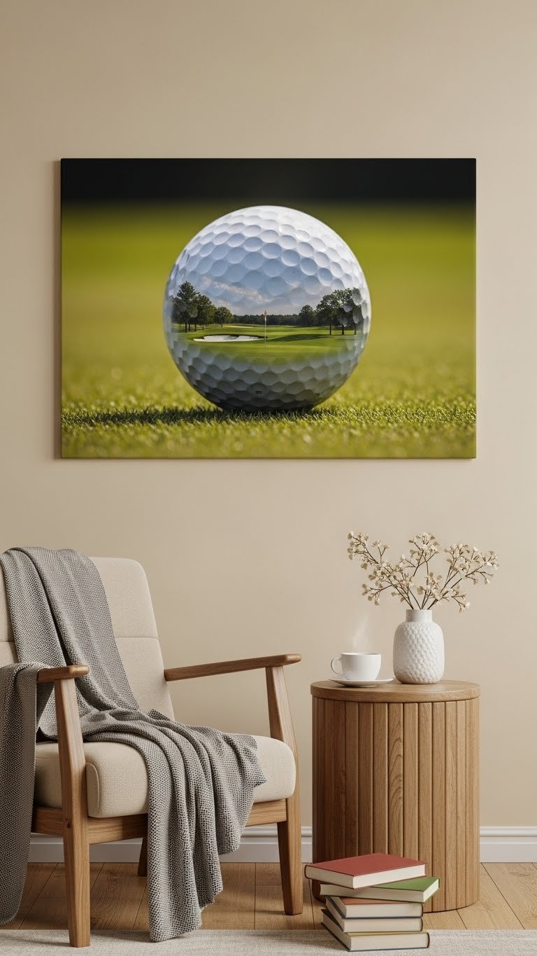 Golf Ball Wall Art: Proven Ideas For Stylish Homes Classic Canvas Golf Ball Art Featuring Macro Photography Of Golf Ball Textures On Warm Beige Wall In Cozy Traditional Living Room