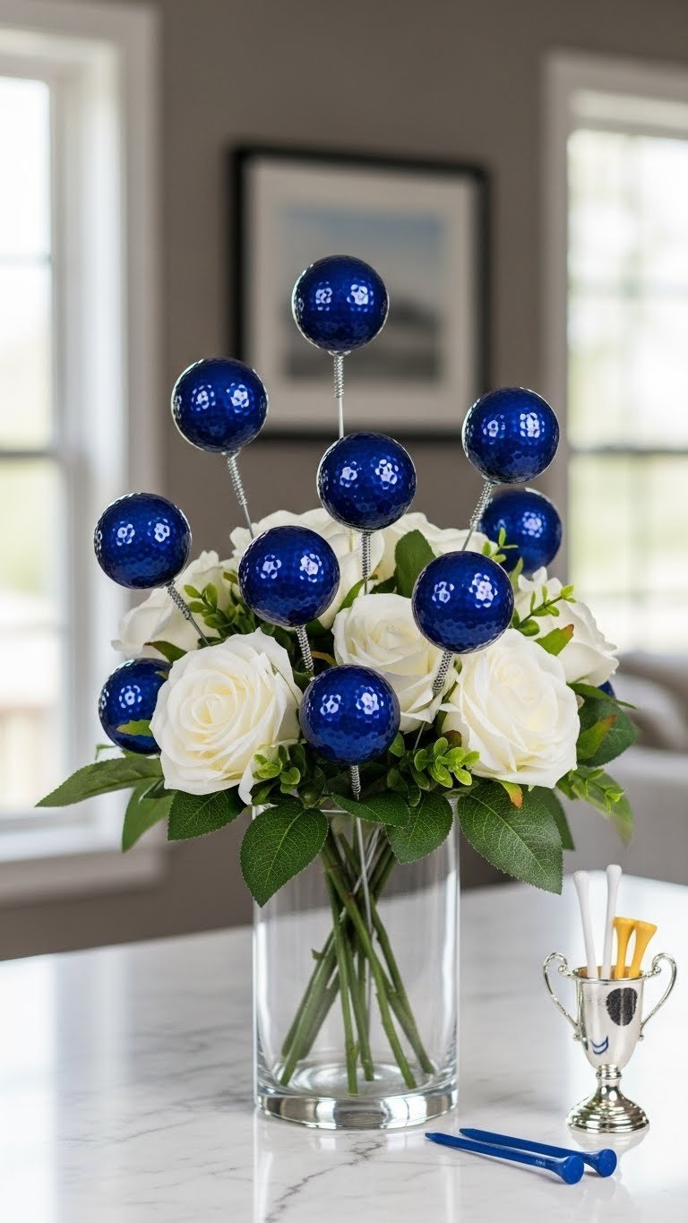 Classic Deep Blue Golf Ball Floral Arrangement With White Silk Roses And Green Foliage In Clear Glass Vase On Marble. Elegant Golf Decor.