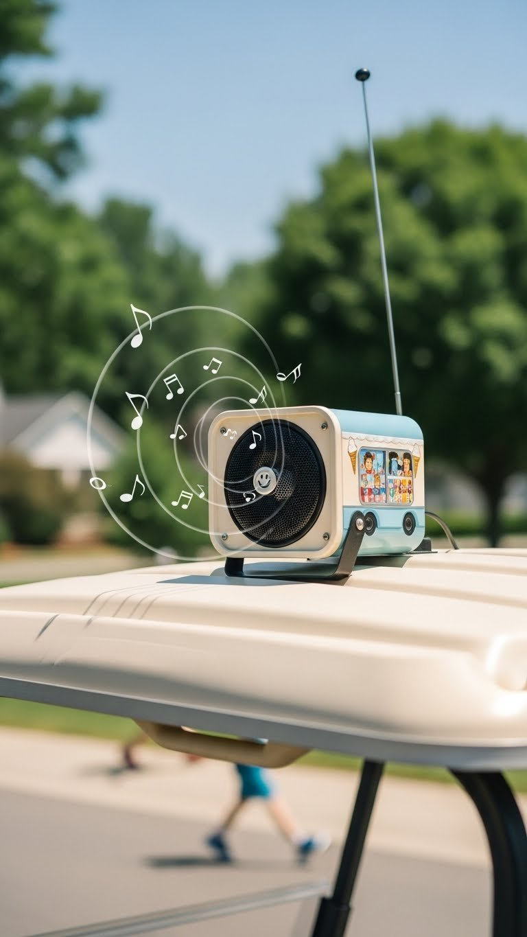 Classic Ice Cream Truck Speaker System On Golf Cart Roof Emitting Visible Sound Waves With Nostalgic Musical Notes.