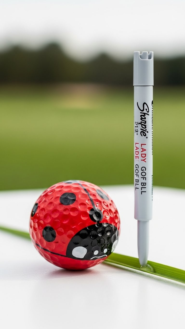 Classic Red And Black Ladybug Golf Ball With Distinct Spots Resting On Green Golf Course Grass With Soft Bokeh Background.