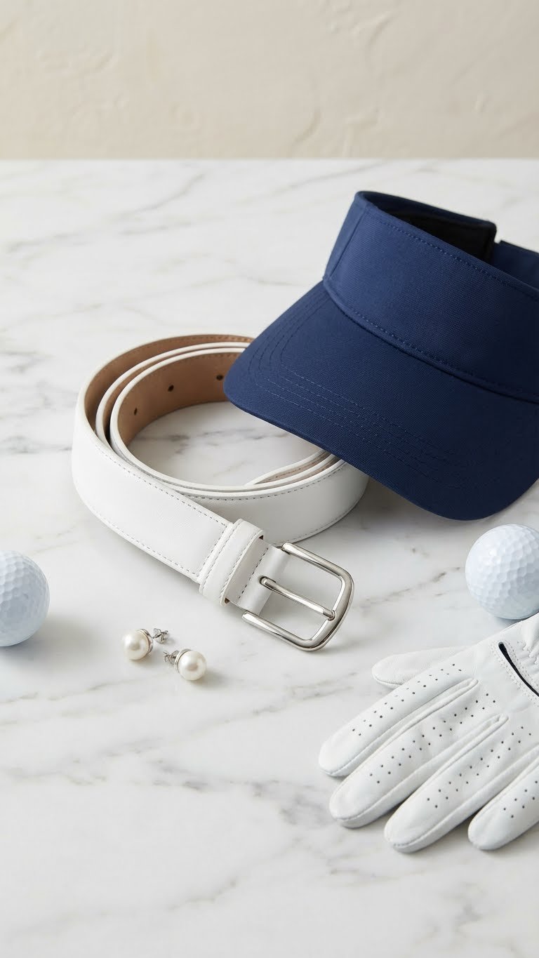 Classy Golf Accessories Flat Lay: White Leather Belt, Silver Buckle, Navy Visor, Pearl Earrings, And A High-End Golf Glove.