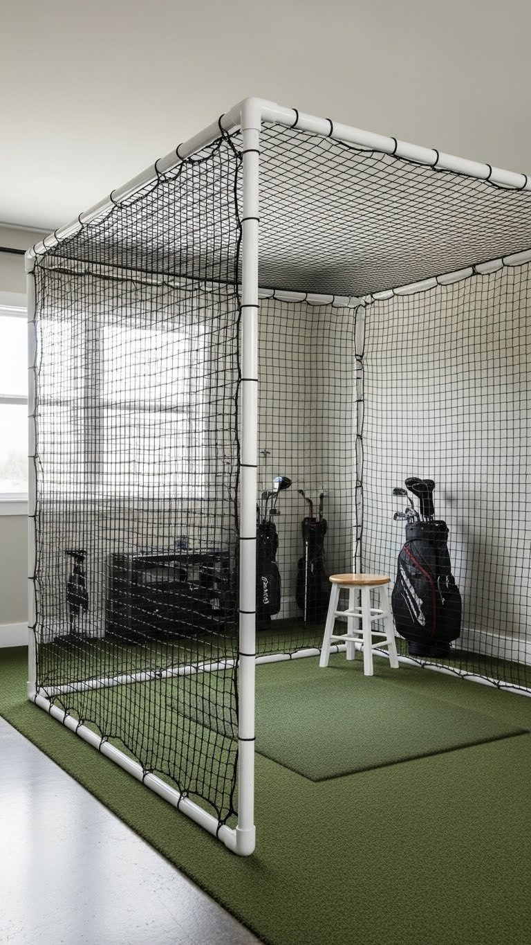 Clean Diy Golf Simulator Enclosure With Pvc Pipes And Black Netting, Integrated Into A Budget Home Golf Room.