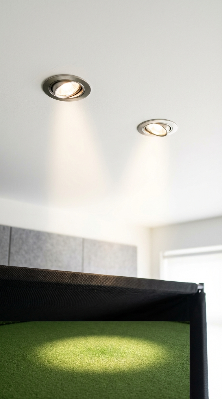 Golf Simulator Room Lighting Complete Guide For Perfect Setup Clean Flush-Mounted Recessed Gimbal Spotlights Illuminating Minimalist Golf Simulator Hitting Area