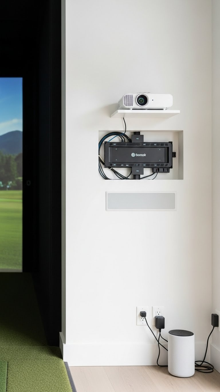 Clean Golf Simulator Setup With Hidden Cable Management System Behind Wall-Mounted Tv For Seamless Technology Integration.