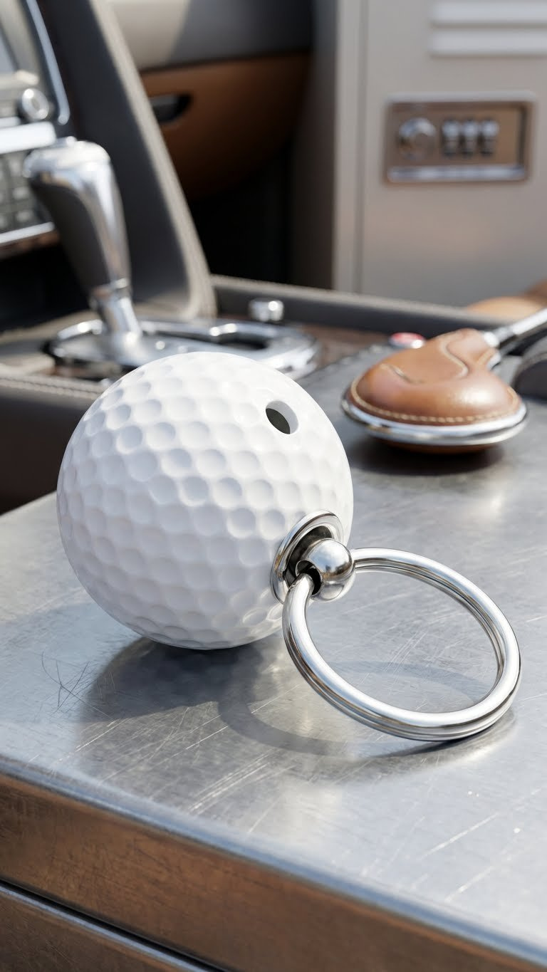 Essential Golf Ball Crafts: 13 Birthday Gifts That Impress Clean White Golf Ball Keychain With A Shiny Silver Key Ring Hangs Against A Blurred Car Key Backdrop On A Metallic Surface.