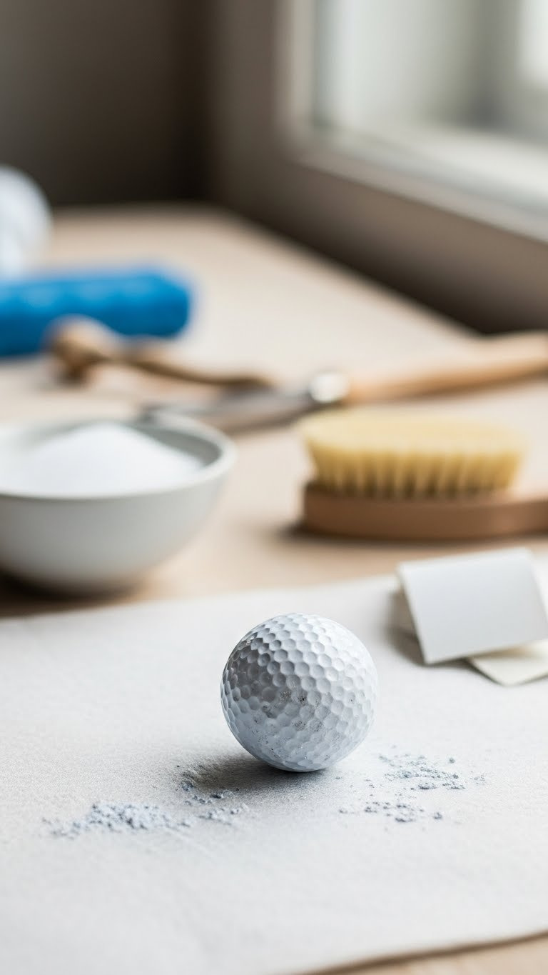 Cleaned Golf Balls With Matte Finish Ready For Painting On Protective Surface With Craft Tools In Workshop Background